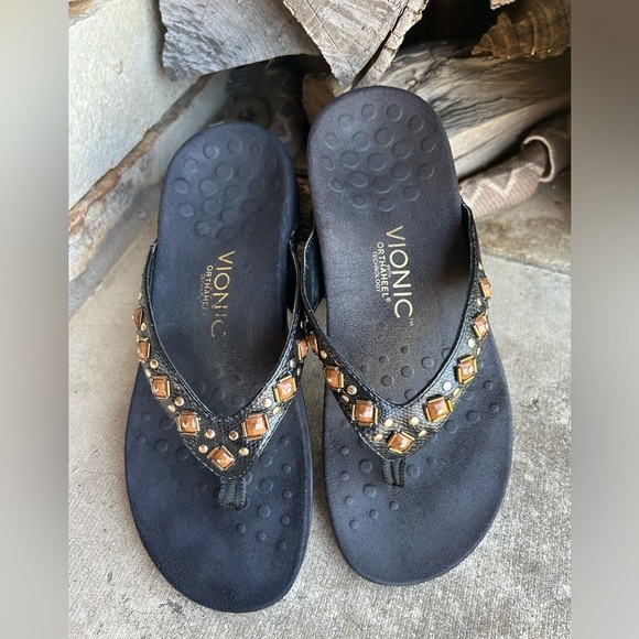 VIONIC Rest Floriana Black toe post Sandals w/Eye-Catching Beaded Design Sz-6. N - Picture 3 of 12